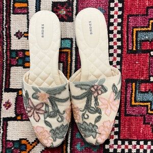 Birdies Cream Floral Embroidered Mules